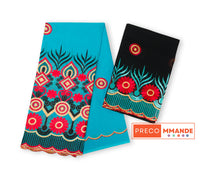 Salouva turquoise avec motifs floraux rouge noir doré et écharpe noire