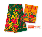 Salouva vert foncé avec motifs floraux orange jaune rouge et écharpe orange