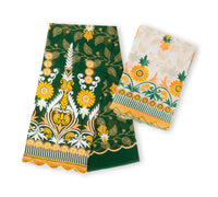 Salouva vert foncé avec motifs or blanc orange jaune et écharpe crème ornée