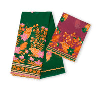 Salouva vert orange avec motifs floraux orange rose violet et bordure orange violette